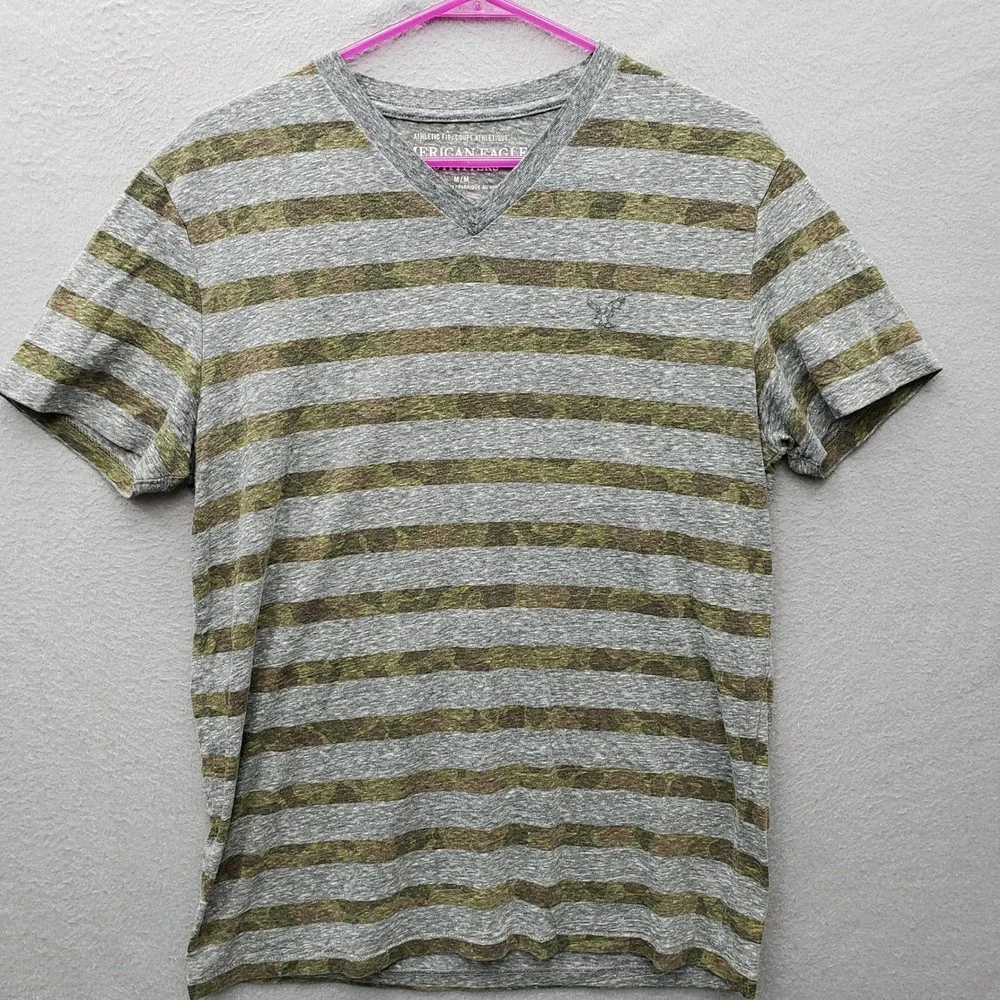 American Eagle Mens V-Neck Tee Gray Olive Green Heathered Stripe Normcore Grunge